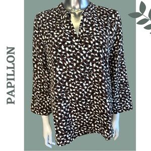 Papillon 3/4 Sleeve Spotted Blouse Black Brown White Open Collar Size Small